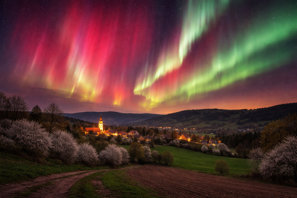 Polární záře vinoucí se nad českou krajinou.