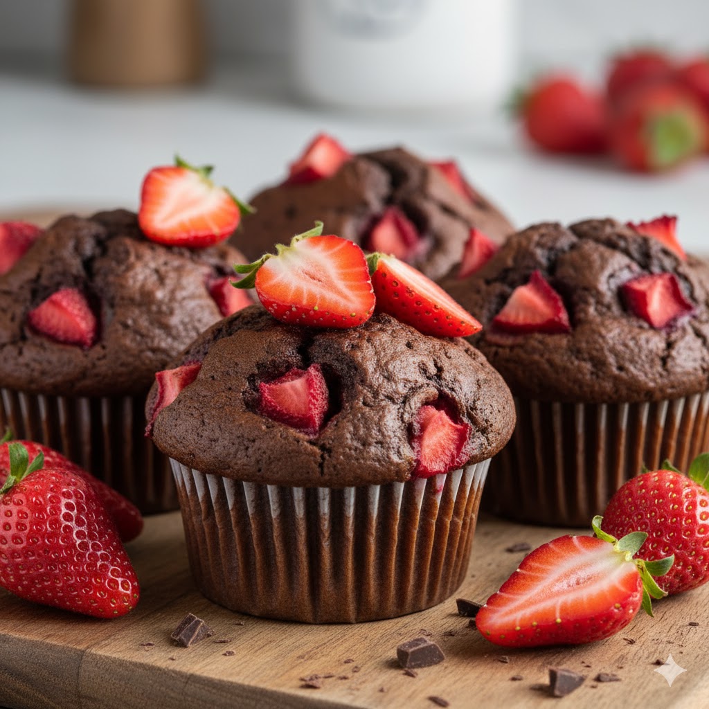 Recept na vláčné čokoládové muffiny s jahodami