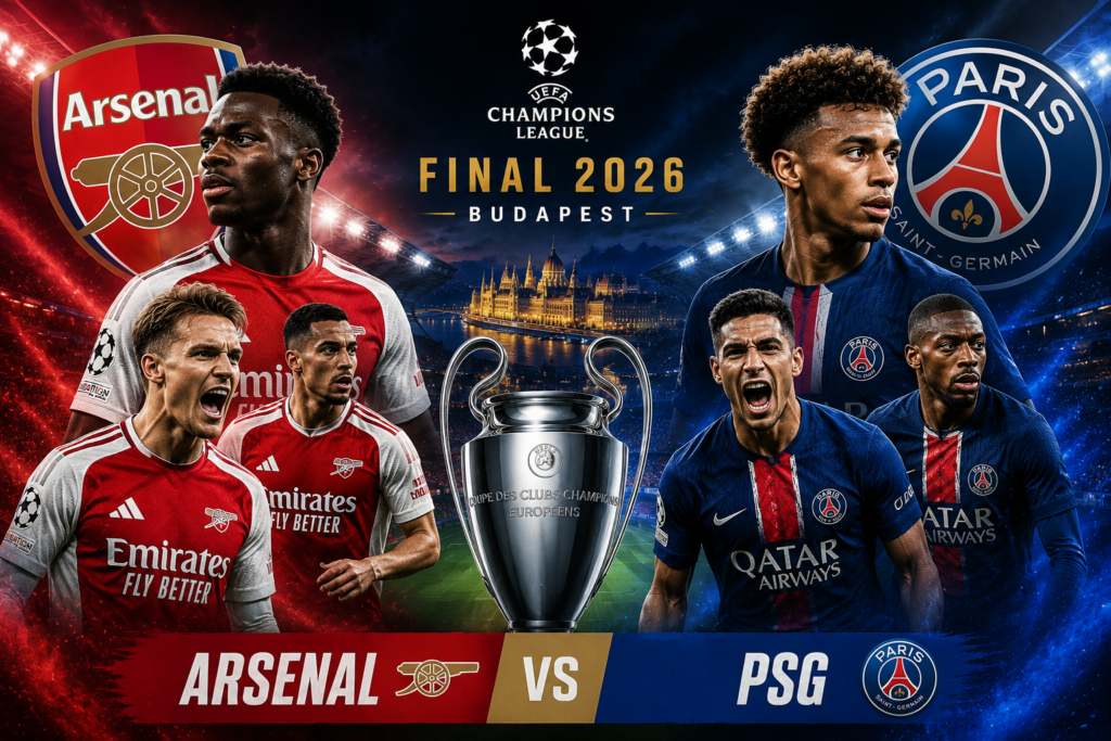 „Plakát finále Ligy mistrů 2026 mezi Arsenalem a PSG. Na levé straně několik hráčů Arsenalu v červených dresech, na pravé straně hráči PSG v modrých dresech. Uprostřed je trofej Ligy mistrů na stadionu, v pozadí noční panorama Budapešti. Nahoře nápis ‘FINAL 2026 BUDAPEST’, dole velký text ‘ARSENAL vs PSG’.“