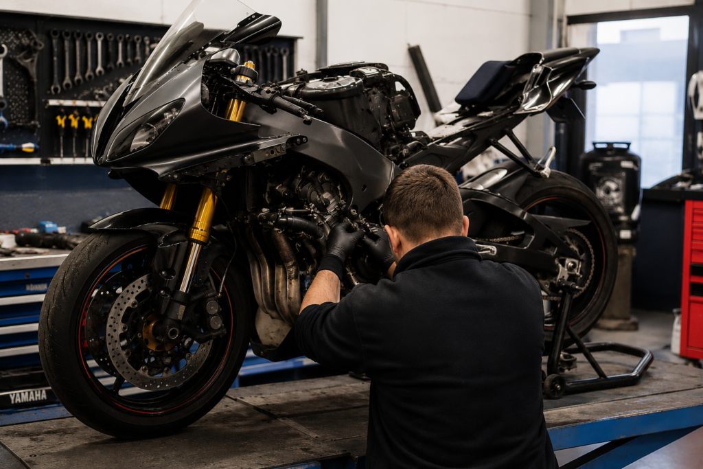 Mechanik pracující na sportovní motorce v dílně během servisu